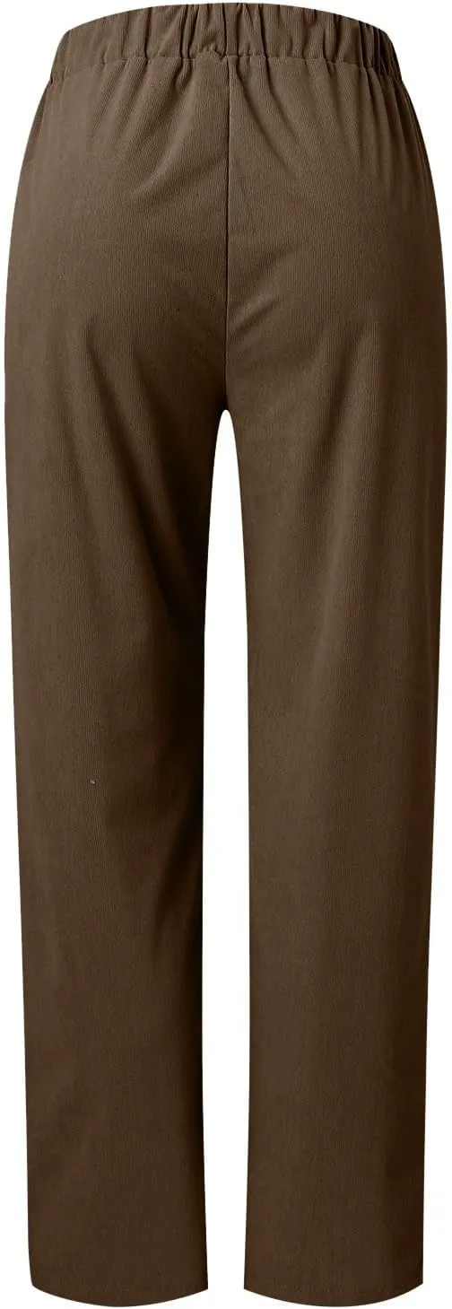 Corduroy Pants Women Fall Elastic High Waist Straight Wide Leg Pants Fall Winter Lounge Trousers with Pockets