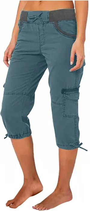 Cotton Cargo Capris for Women with Pockets Plus Size High Waisted Light Weight Hiking Travel Pants Trousers