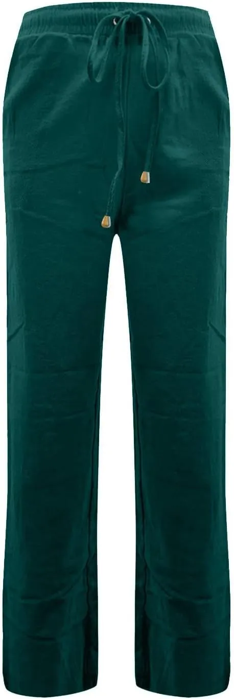 Cotton Linen Pants for Women Baggy Drawstring High Waisted Boho Palazzo Pants Lightweight Summer Pants with Pockets