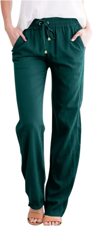 Cotton Linen Pants for Women Baggy Drawstring High Waisted Boho Palazzo Pants Lightweight Summer Pants with Pockets
