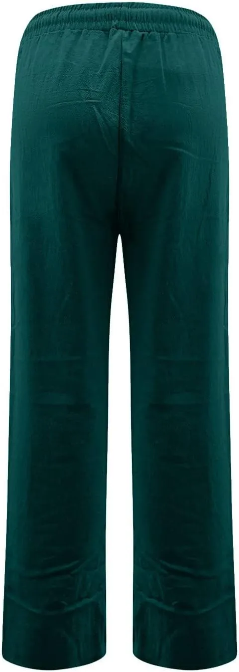 Cotton Linen Pants for Women Baggy Drawstring High Waisted Boho Palazzo Pants Lightweight Summer Pants with Pockets