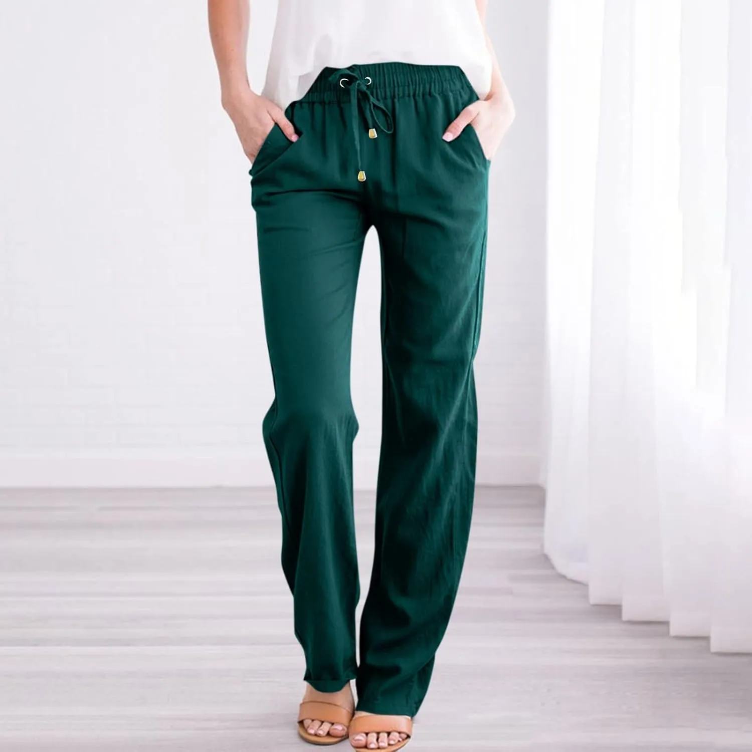 Cotton Linen Pants for Women Baggy Drawstring High Waisted Boho Palazzo Pants Lightweight Summer Pants with Pockets