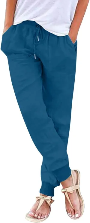 Cotton Linen Pants for Women Drawstring Elastic Waist Tapered Trousers Summer Casual Beach Pant with Pockets