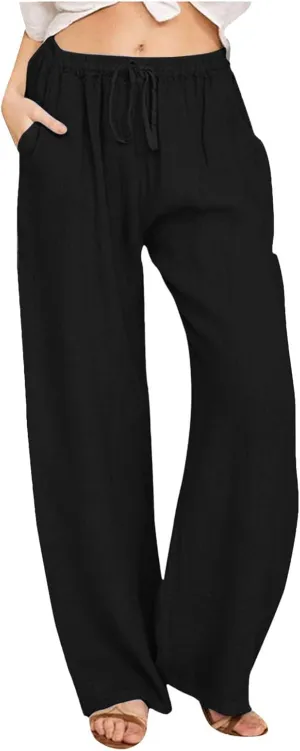Cotton Linen Pants for Women High Waist Drawstring Loose Fit Wide Leg Trousers Summer Beach Pants with Pockets