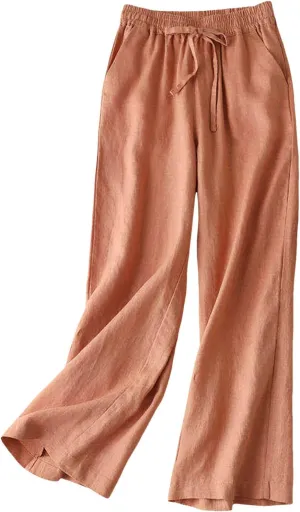 Cotton Linen Pants for Women Loose Fit Wide Leg Drawstring Elastic Waisted Summer Plus Size Casual Straight Pants Trousers