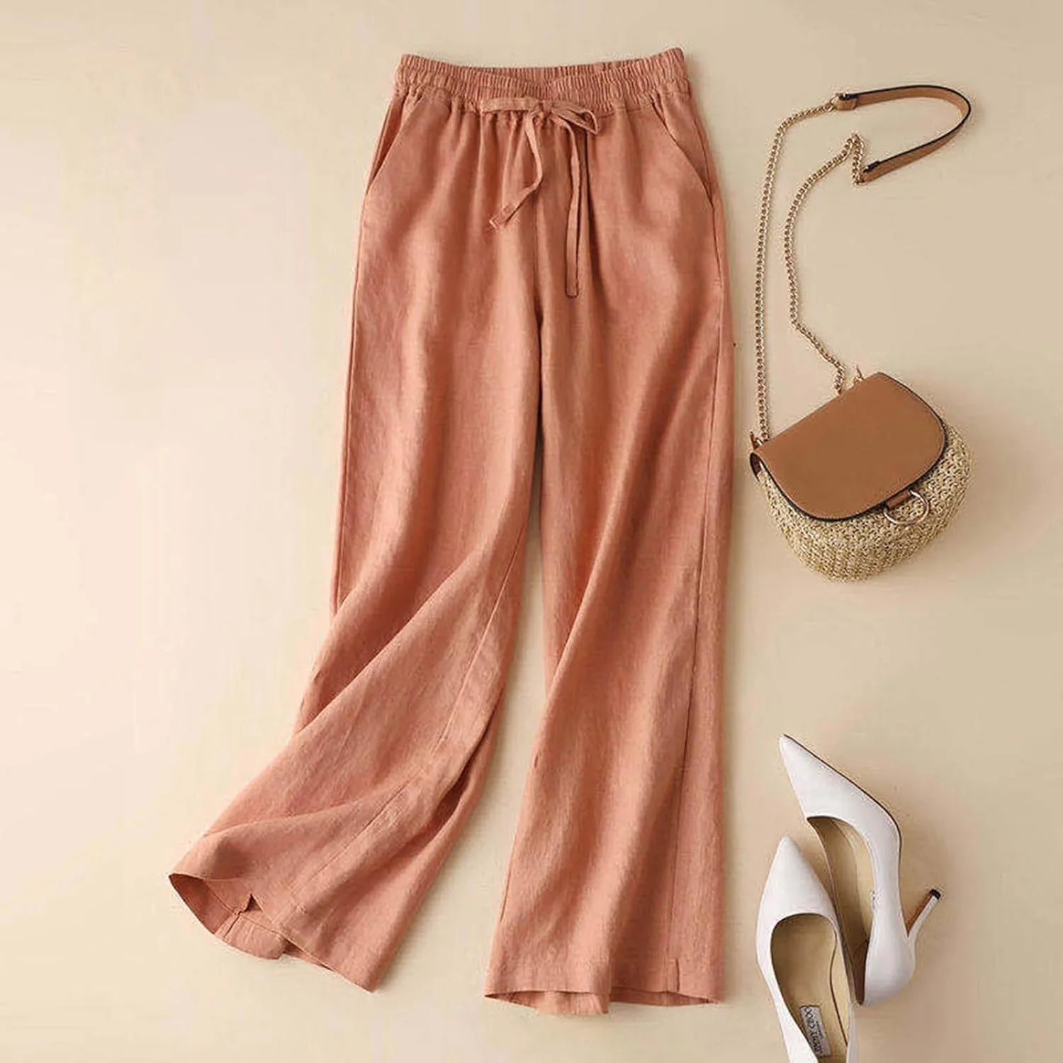 Cotton Linen Pants for Women Loose Fit Wide Leg Drawstring Elastic Waisted Summer Plus Size Casual Straight Pants Trousers