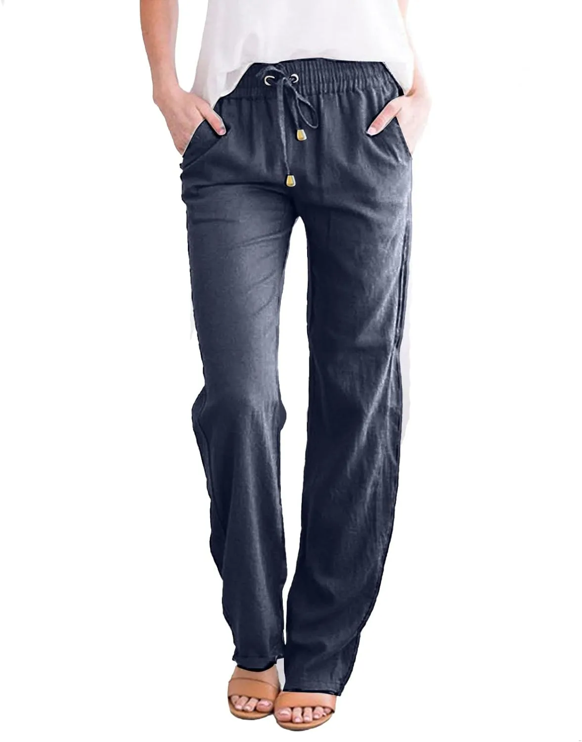 Cotton Linen Pants for Women Printed Capri Pant Plus Size Wide Leg Sweatpants Summer Cropped Elastic Waist Trousers