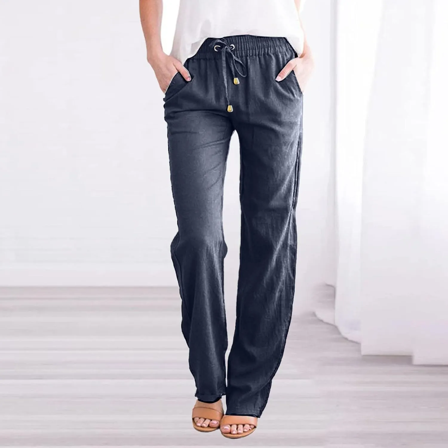 Cotton Linen Pants for Women Printed Capri Pant Plus Size Wide Leg Sweatpants Summer Cropped Elastic Waist Trousers