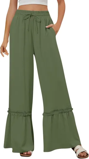 Cotton Linen Pants for Women Wide Leg Eyelet Lounge Trousers Drawstring Elastic Waist Summer Beach Pants with Pocket