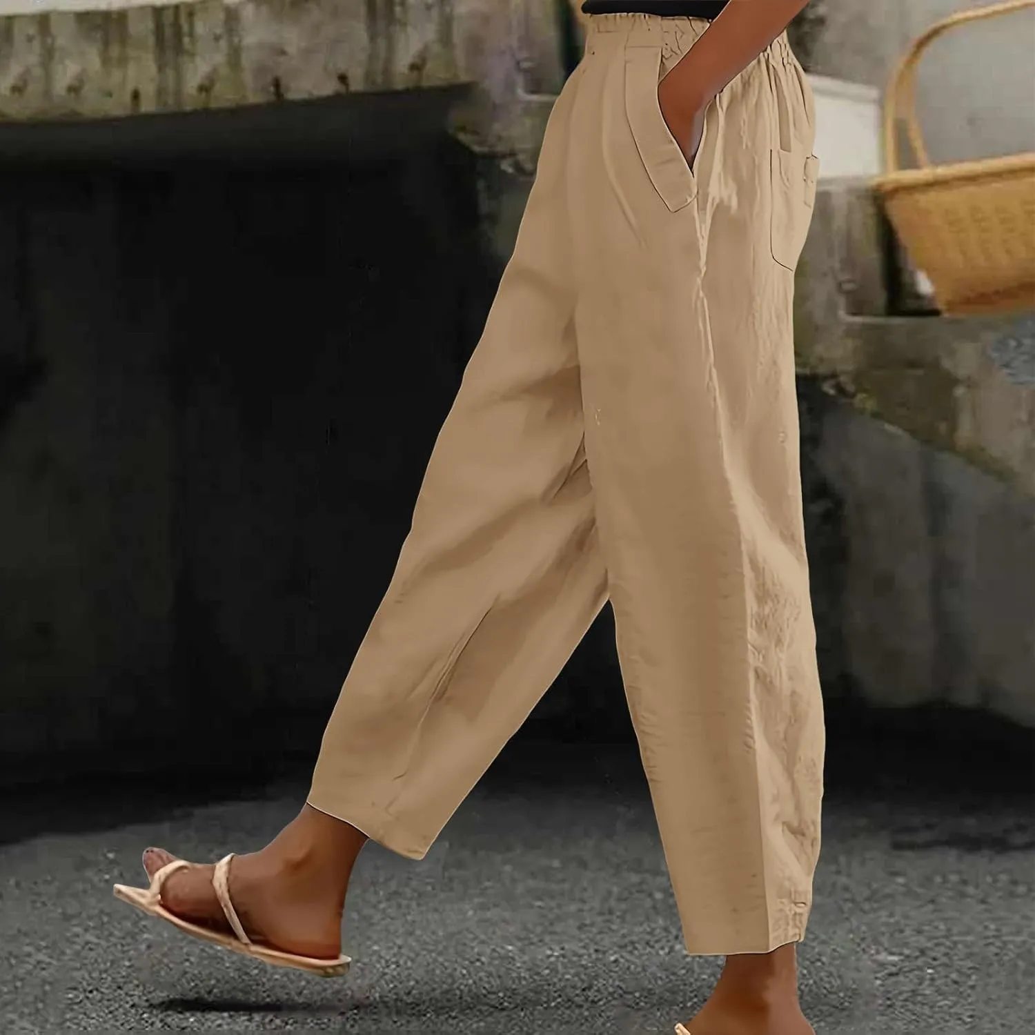 Cotton Linen Pants for Womens Elastic Waist Straight Leg Trousers 2025 Summer Loose Fir Comfy Hiking Jogger Sweatpant