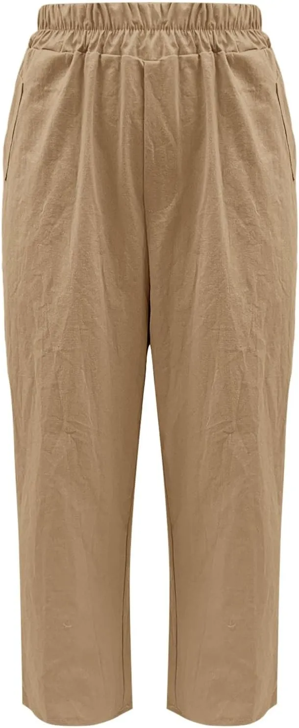 Cotton Linen Pants for Womens Elastic Waist Straight Leg Trousers 2025 Summer Loose Fir Comfy Hiking Jogger Sweatpant
