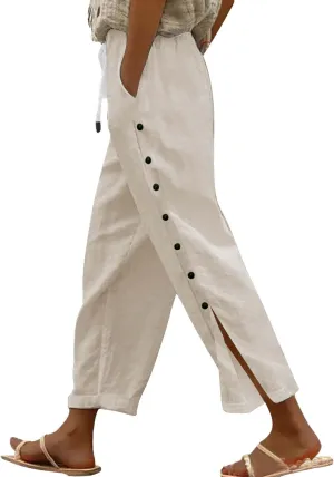 Cotton Linen Pants Women Straight Leg Pant Elastic Drawstring Casual Lounge Trousers with Pockets Summer Beach Capris