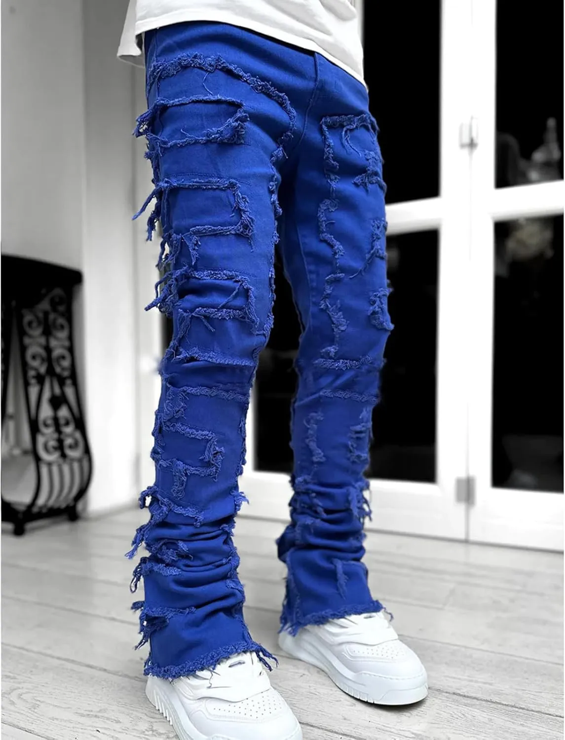 CRNTCEM Stretch Jeans for Men Cotton Ripped Tassels Straight Denim Jeans Distressed Casual Hip Hop Jogger Denim Pants