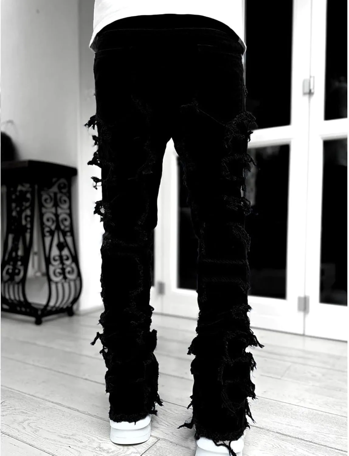 CRNTCEM Stretch Jeans for Men Cotton Ripped Tassels Straight Denim Jeans Distressed Casual Hip Hop Jogger Denim Pants