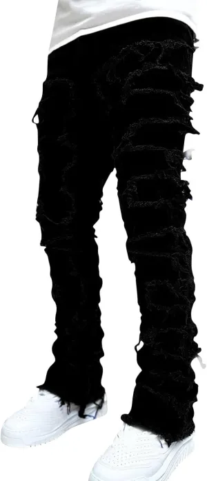 CRNTCEM Stretch Jeans for Men Cotton Ripped Tassels Straight Denim Jeans Distressed Casual Hip Hop Jogger Denim Pants