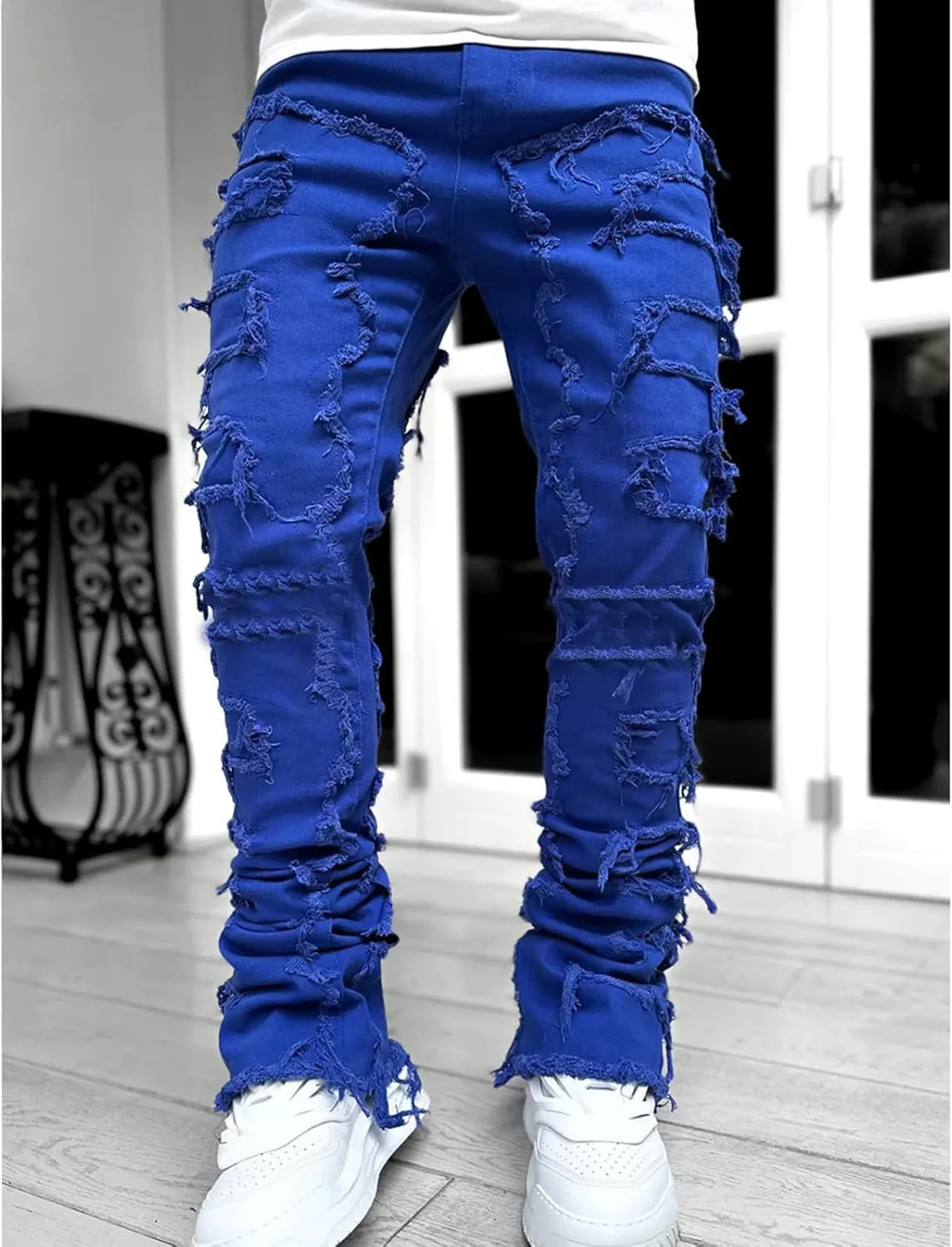 CRNTCEM Stretch Jeans for Men Cotton Ripped Tassels Straight Denim Jeans Distressed Casual Hip Hop Jogger Denim Pants