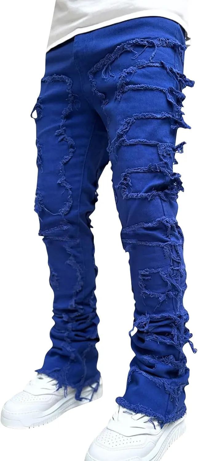 CRNTCEM Stretch Jeans for Men Cotton Ripped Tassels Straight Denim Jeans Distressed Casual Hip Hop Jogger Denim Pants