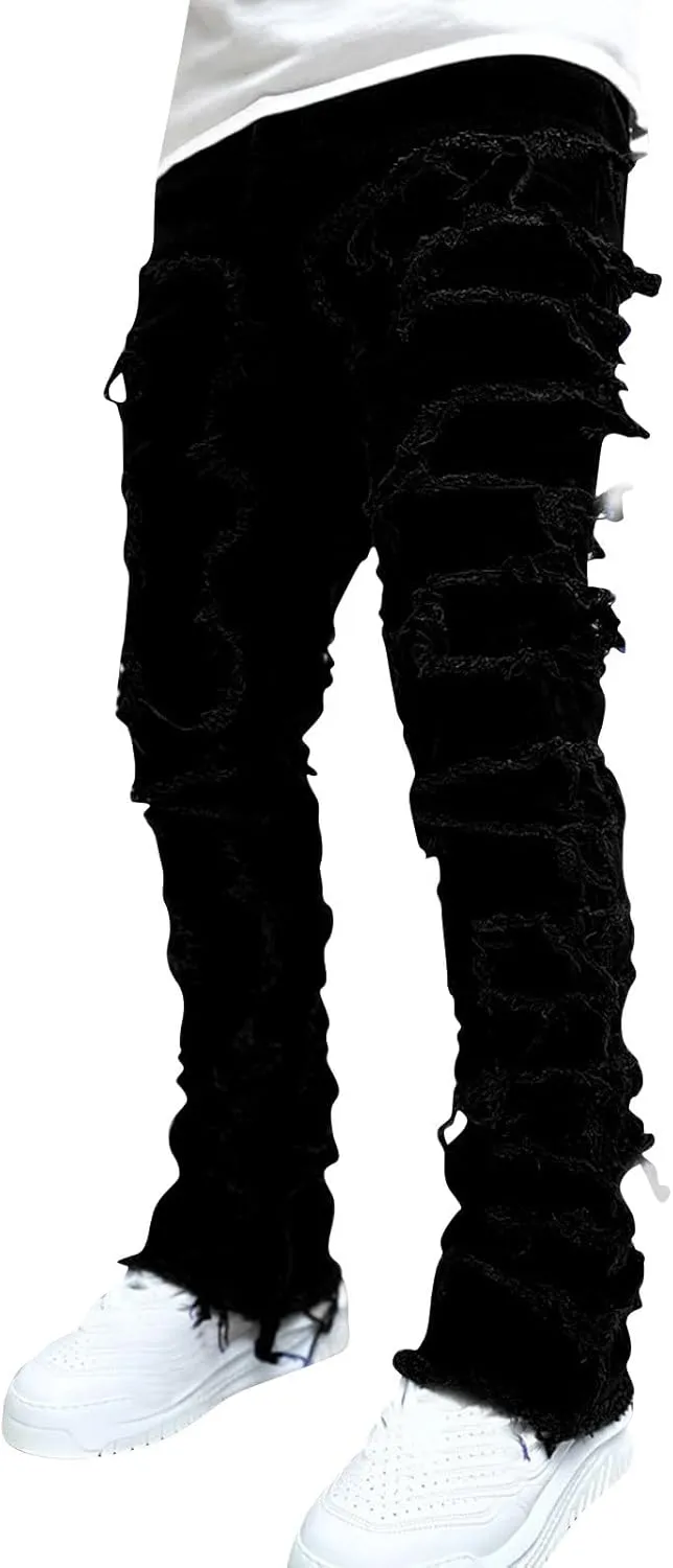 CRNTCEM Stretch Jeans for Men Cotton Ripped Tassels Straight Denim Jeans Distressed Casual Hip Hop Jogger Denim Pants
