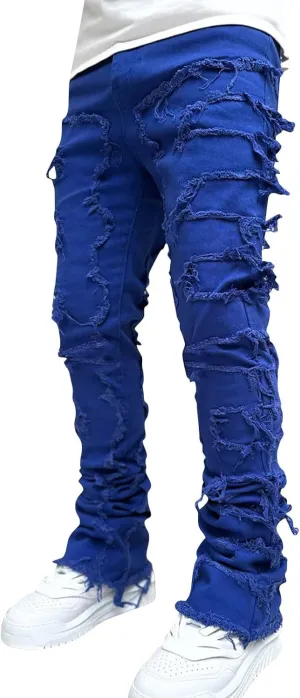 CRNTCEM Stretch Jeans for Men Cotton Ripped Tassels Straight Denim Jeans Distressed Casual Hip Hop Jogger Denim Pants