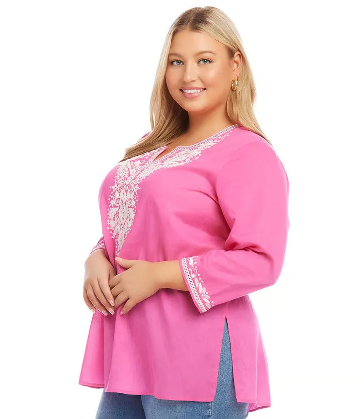 Curvy Pink Plus Size Embroidered Tunic - Karen Kane 1L70189W