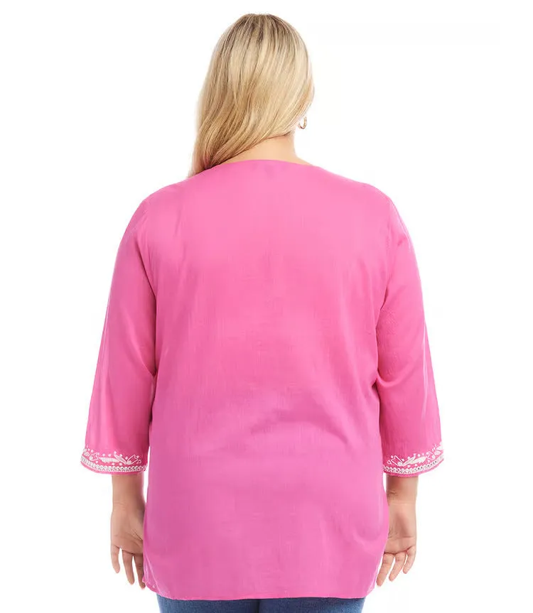 Curvy Pink Plus Size Embroidered Tunic - Karen Kane 1L70189W