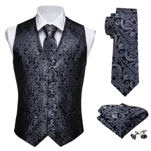 Designer Mens Classic Black Paisley Jacquard Silk Waistcoat Vests Handkerchief Tie Vest Suit Pocket Square Set