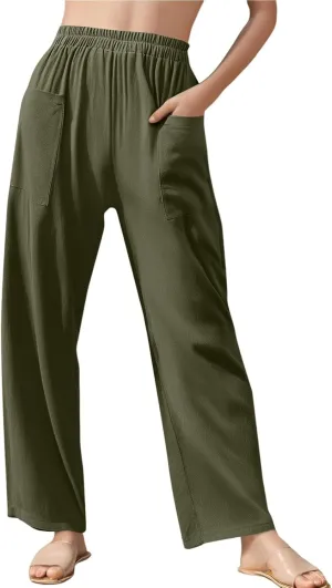 Dressy Palazzo Pants for Women Flowy Linen Pants Elastic High Waist Summer Work Pant Trouser Lounge Pant with Pocket