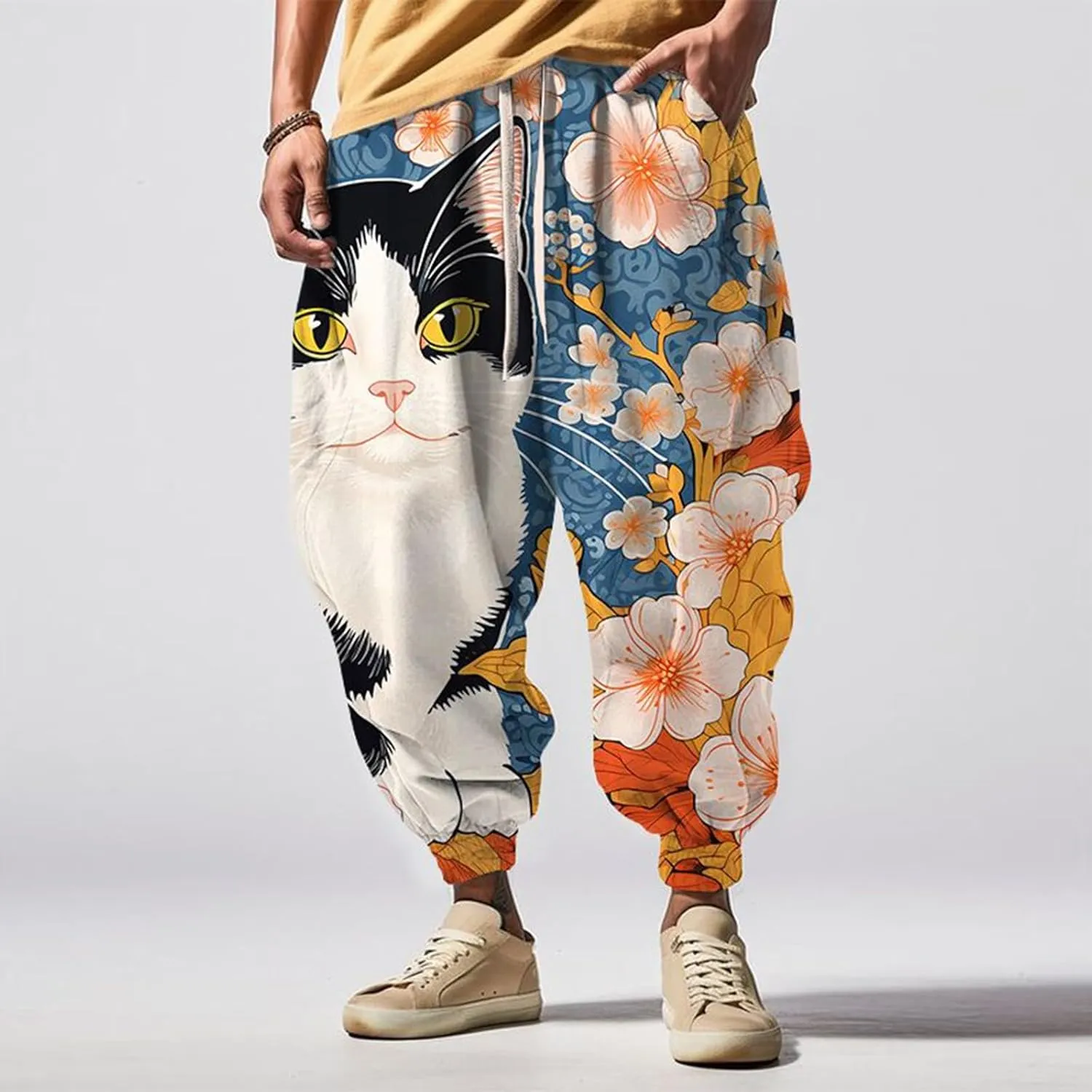 Elastic Waist Hippie Pant Cotton Casual Drawstring Men Elastic Waist with Elastic Waist Drawstring Yoga Jogger Pants