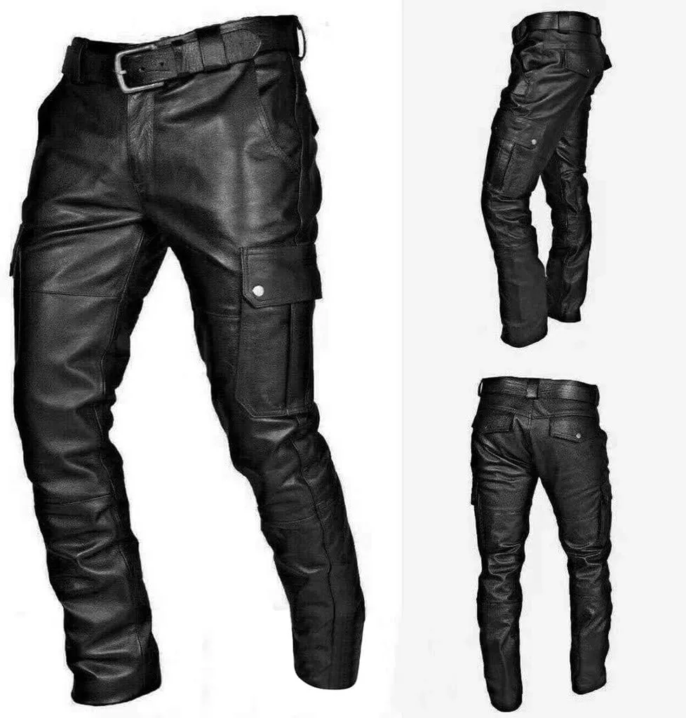 evzosrz Men's Faux Leather Pants Motorcycle Slim Fit Goth Steampunk Pants Sports Street Fall Winter Fashion Trousers