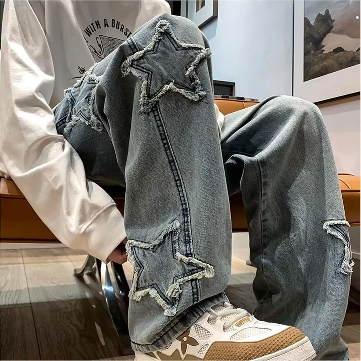 FCOOLYEET Mens Y2k Jeans Hip Hop Baggy Star Denim Pants Straight Leg Demin Joggers Aesthetic Graphic Jeans Streetwear