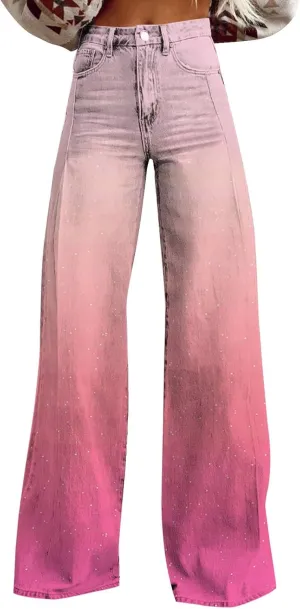 Flare Jeans for Women High Waist Wide Leg Palazzo Bell Bottom Boyfriend Denim Pants Gradient Color Baggy Ankle Jeans