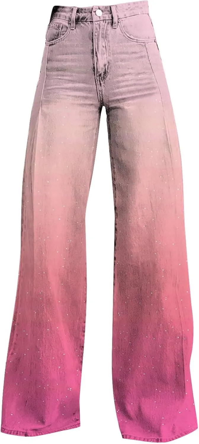 Flare Jeans for Women High Waist Wide Leg Palazzo Bell Bottom Boyfriend Denim Pants Gradient Color Baggy Ankle Jeans