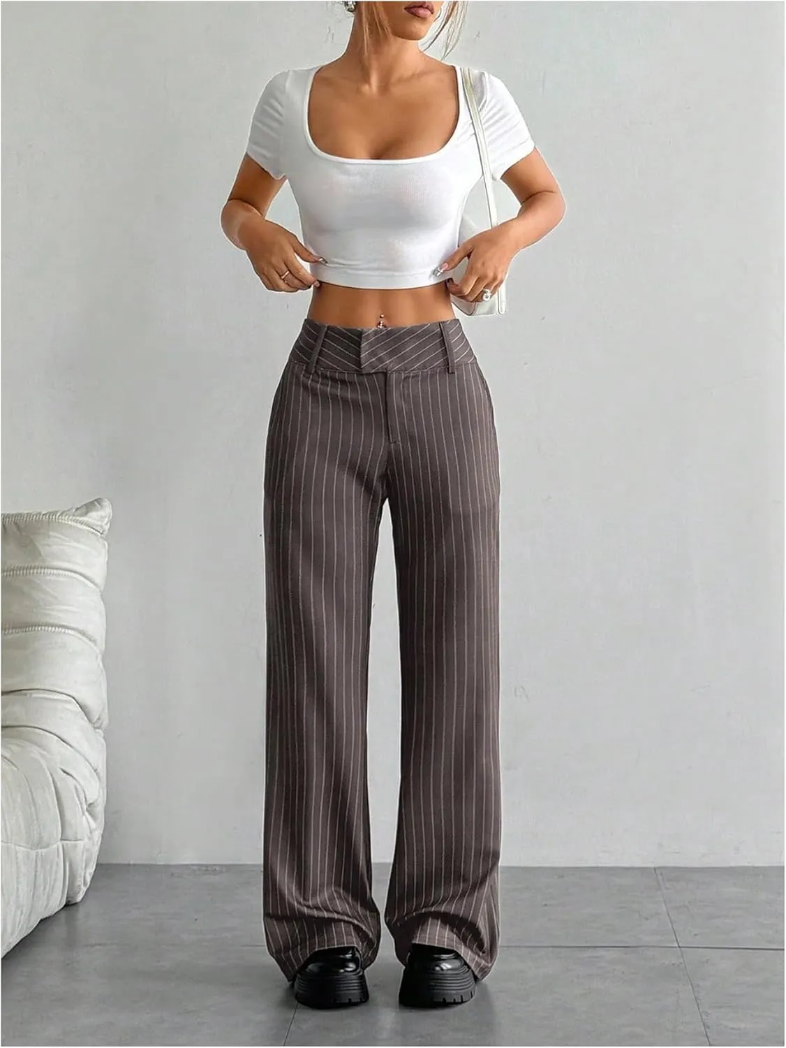 Floerns Women's Striped Print High Waisted Dress Pants Straight Leg Work Suit Pants
