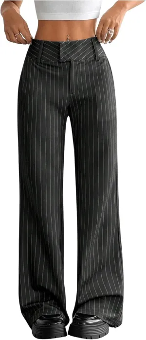 Floerns Women's Striped Print High Waisted Dress Pants Straight Leg Work Suit Pants