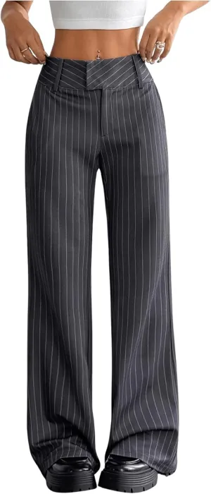 Floerns Women's Striped Print High Waisted Dress Pants Straight Leg Work Suit Pants