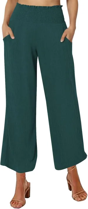 FZYLQY Wide Leg Linen Pants for Women Elastic High Waisted Flowy Palazzo Pants Comfy Lounge Pants Trousers with Pockets