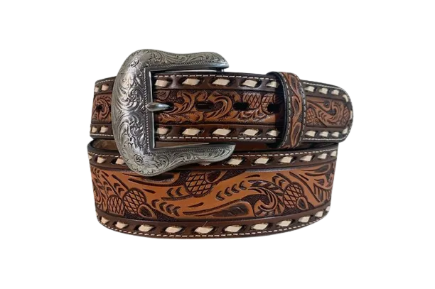 Gem Dandy Men's Floral Hand Tooled Brown Roper Belt