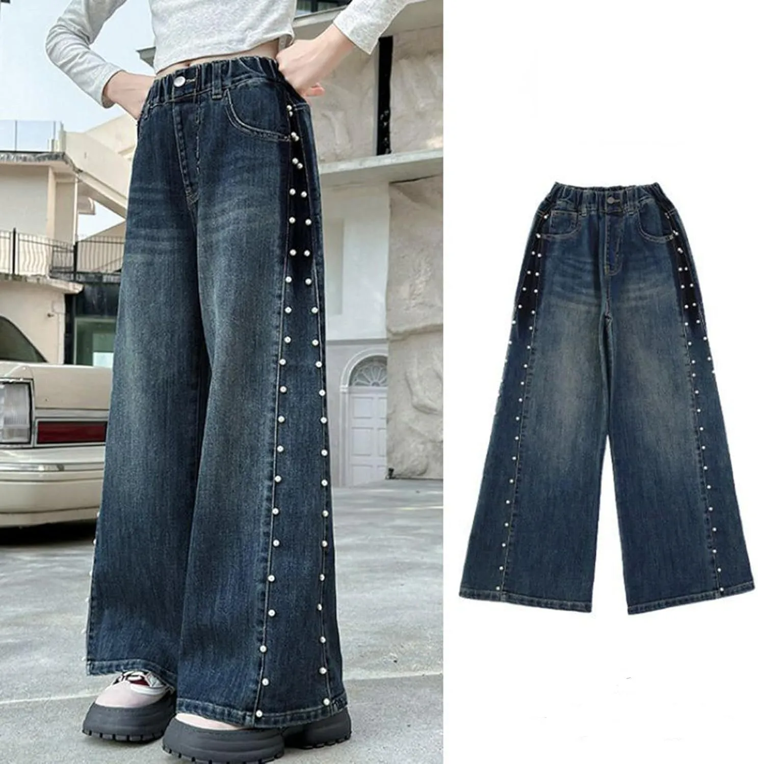 Girls Jeans Streetwear Denim Cargo Pants High Waist Floor Length Baggy Wide Leg Jeans Size 8 10 12 14 16