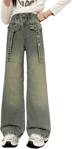 Girls Jeans Streetwear Denim Cargo Pants High Waist Floor Length Baggy Wide Leg Jeans Size 8 10 12 14 16