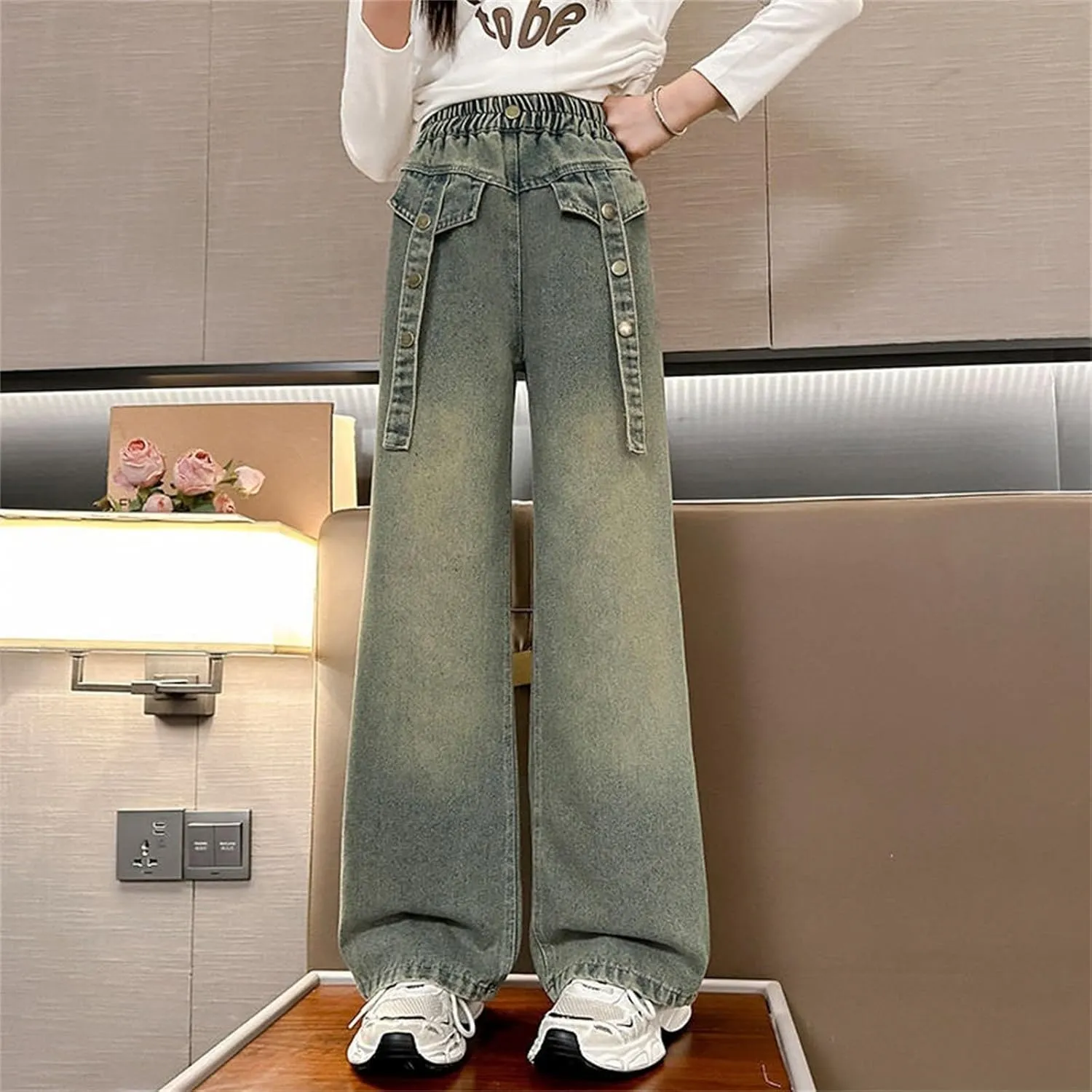 Girls Jeans Streetwear Denim Cargo Pants High Waist Floor Length Baggy Wide Leg Jeans Size 8 10 12 14 16