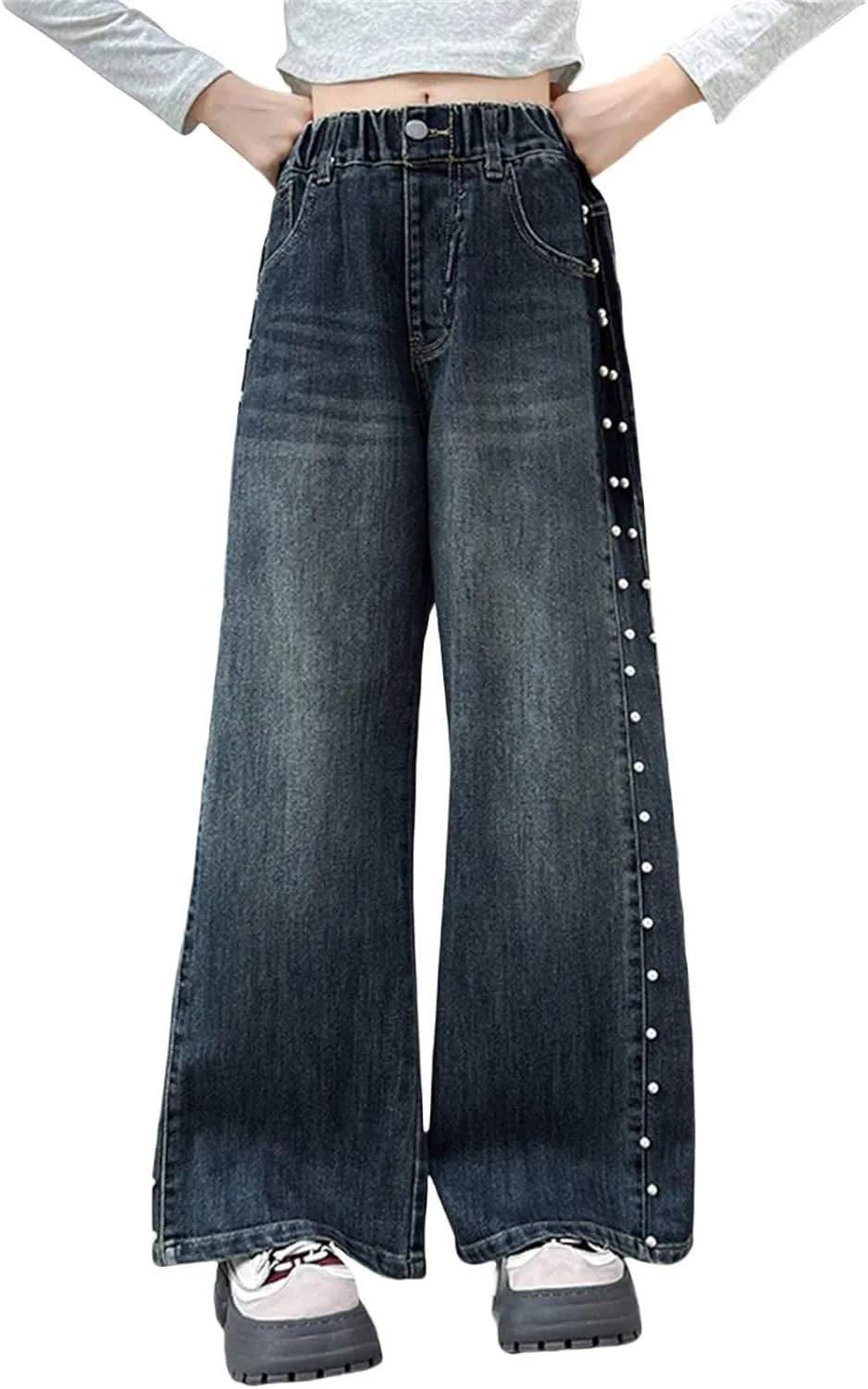 Girls Jeans Streetwear Denim Cargo Pants High Waist Floor Length Baggy Wide Leg Jeans Size 8 10 12 14 16
