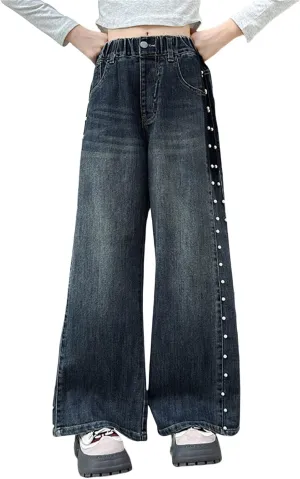 Girls Jeans Streetwear Denim Cargo Pants High Waist Floor Length Baggy Wide Leg Jeans Size 8 10 12 14 16