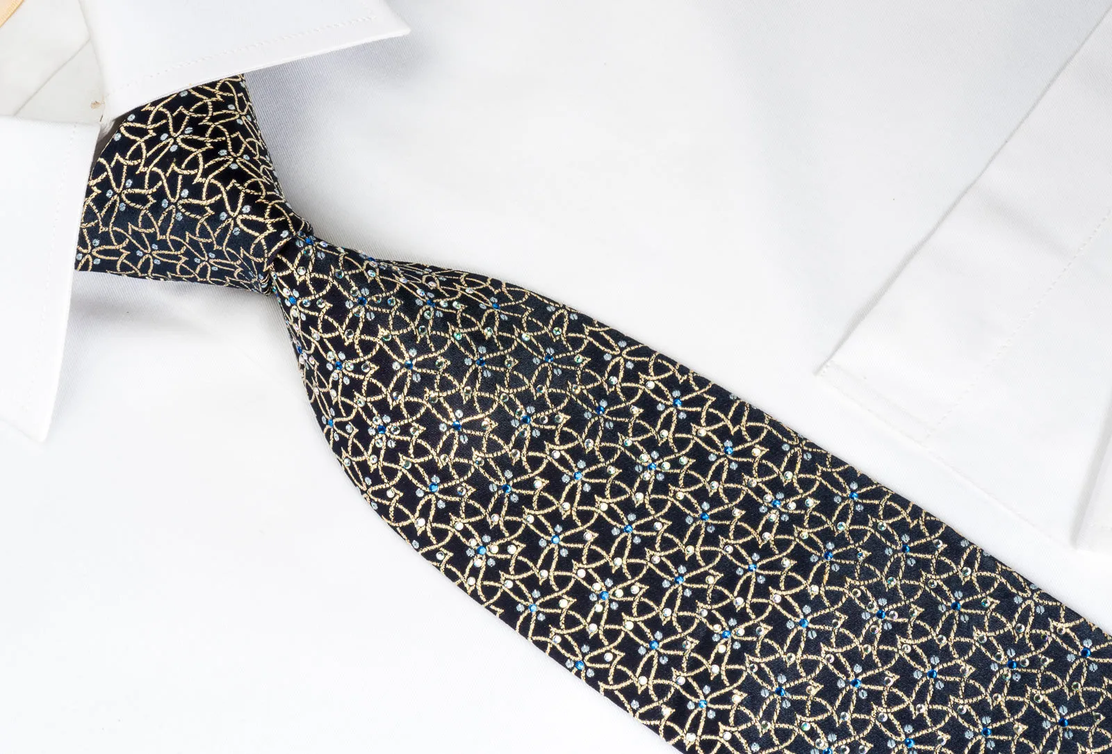 Golden Trellis On Navy Rhinestone Silk Necktie With Golden Sparkles