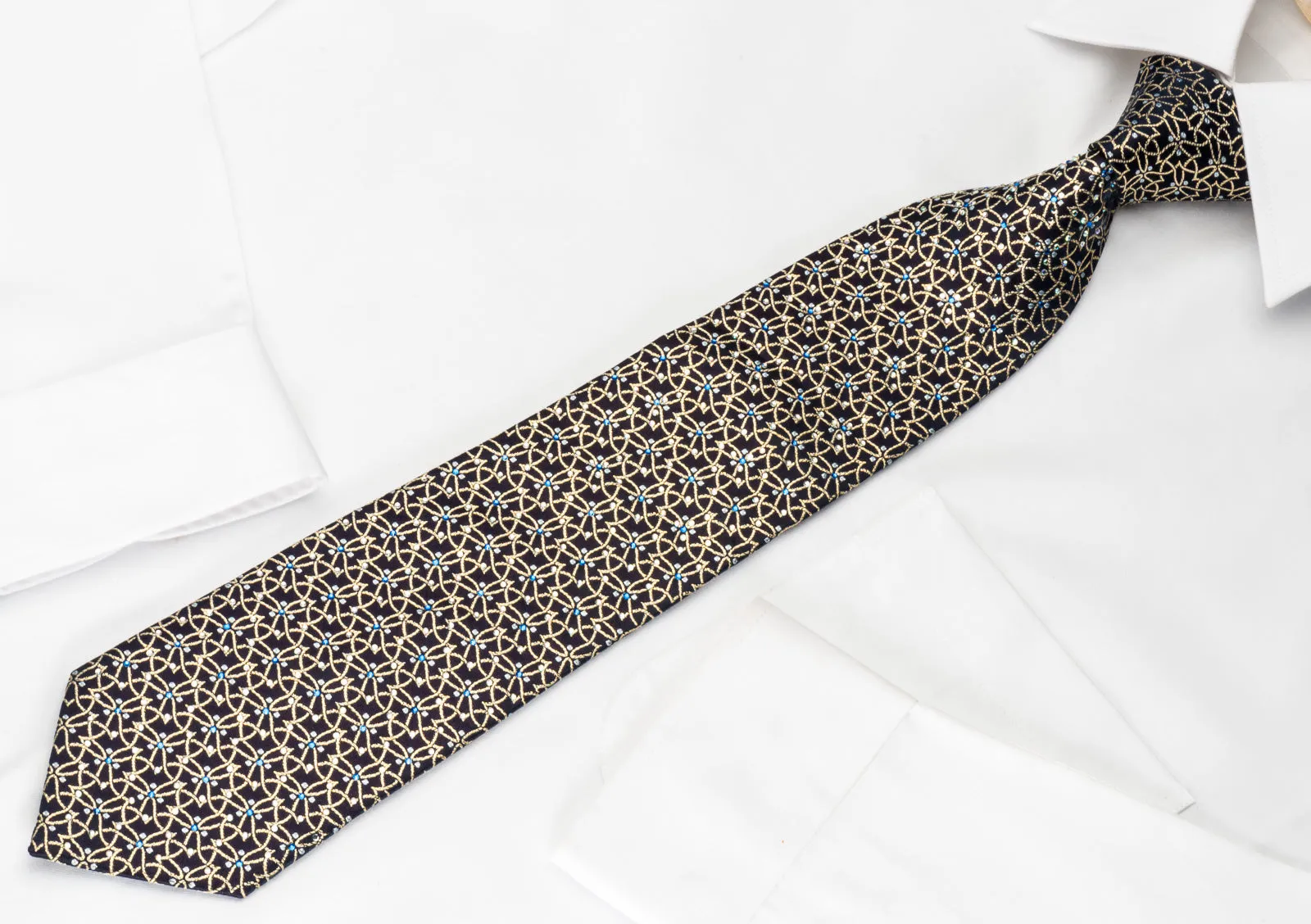 Golden Trellis On Navy Rhinestone Silk Necktie With Golden Sparkles
