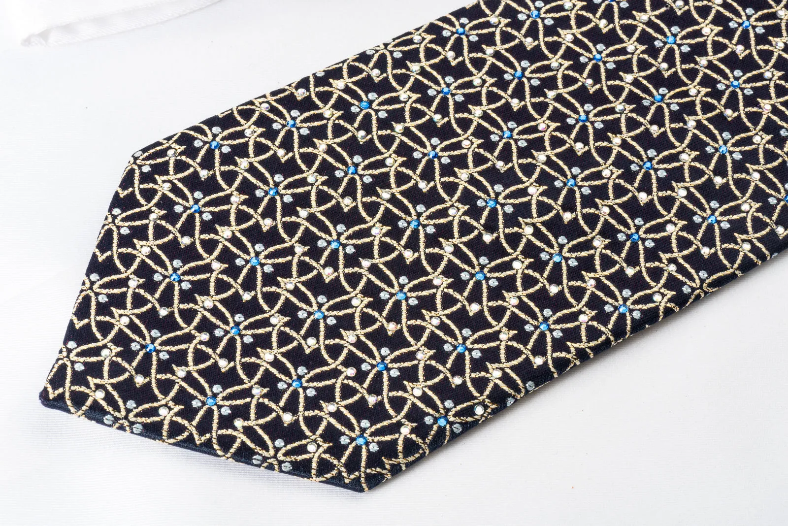 Golden Trellis On Navy Rhinestone Silk Necktie With Golden Sparkles
