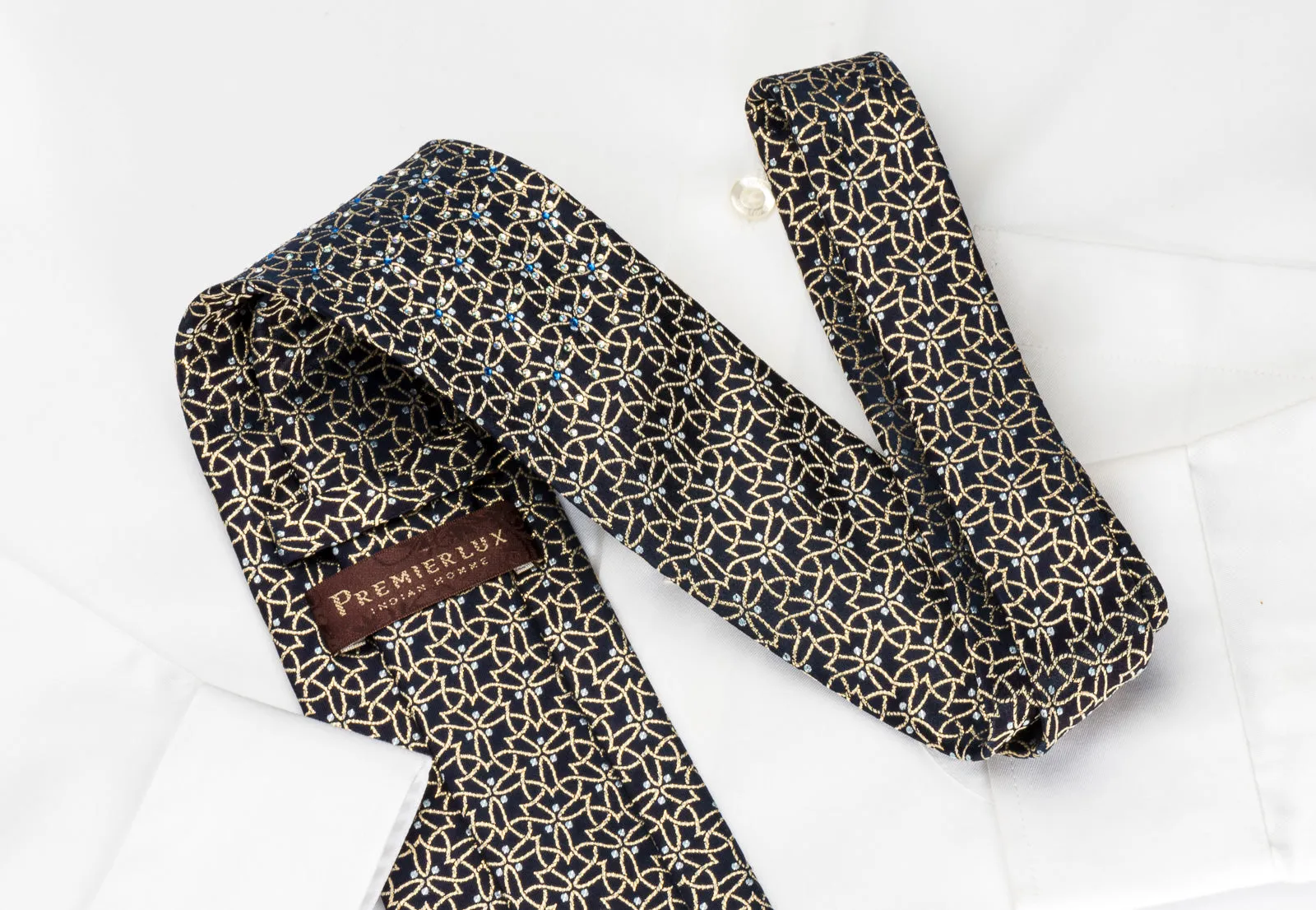 Golden Trellis On Navy Rhinestone Silk Necktie With Golden Sparkles