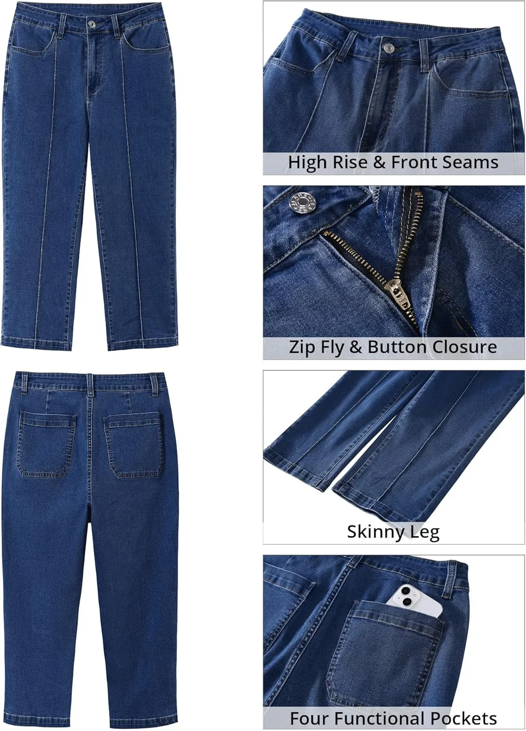 GRAPENT Capri Jeans for Women High Waisted Stretchy Denim Capris Front Seamed Cropped Skinny Slim Fit Jeans with Pockets