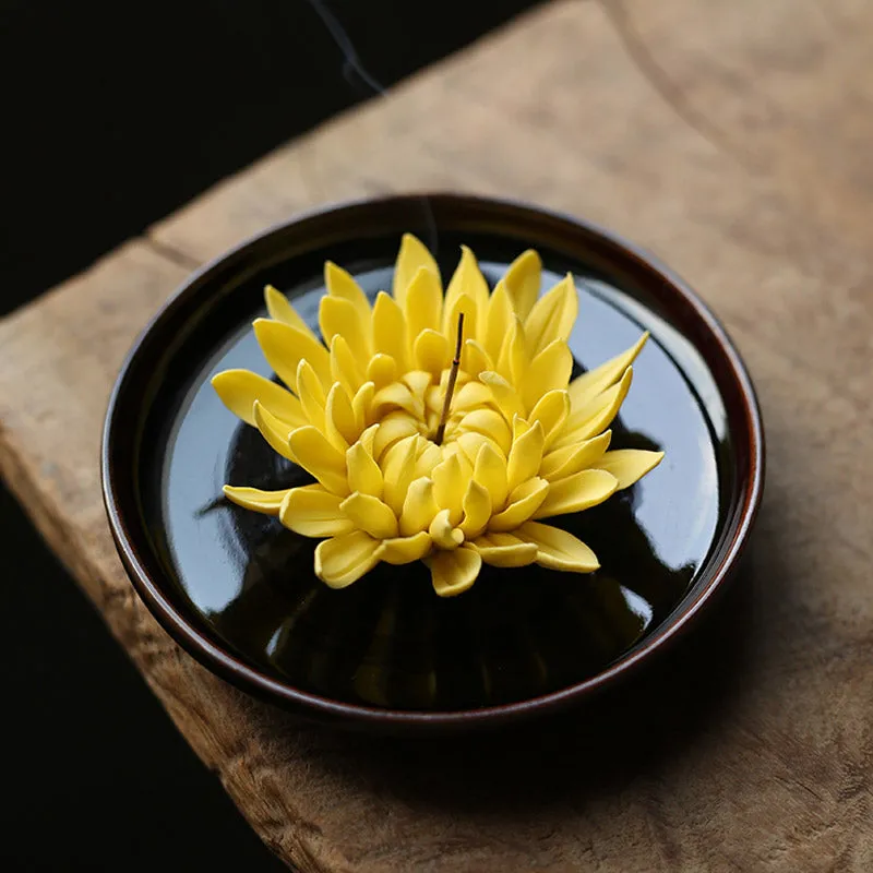 Handcrafted Ceramic Chrysanthemum Incense Burner and Holder