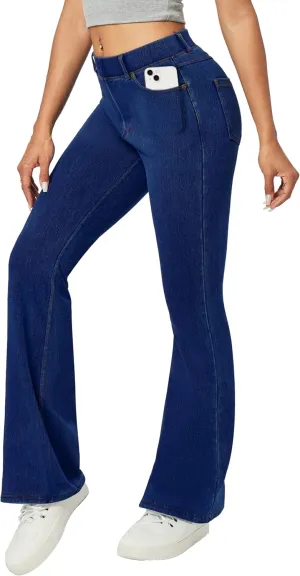 Heathyoga Flare Jeans for Women Trendy Stretchy Bell Bottom Jeans for Women Pull on Jeggings Tummy Control with Pockets