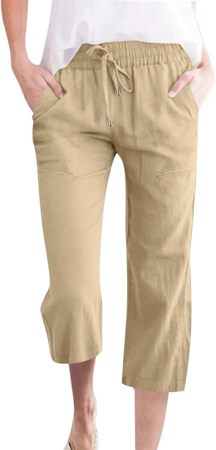 High Waist Cotton Linen Capri Pants for Women Straight Leg Elastic Drawstring 3/4 Shorts Breathable Summer Beach Yoga Pant